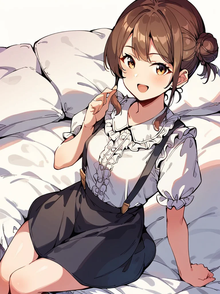 score_9, score_8_up, score_7_up,
1girl, sitting, on bed, smile, open mouth, looking at viewer, brown hair, side bun, braided bun, small breasts, white shirt, short sleeves, frilled shirt, puffy sleeves, black skirt, suspenders,