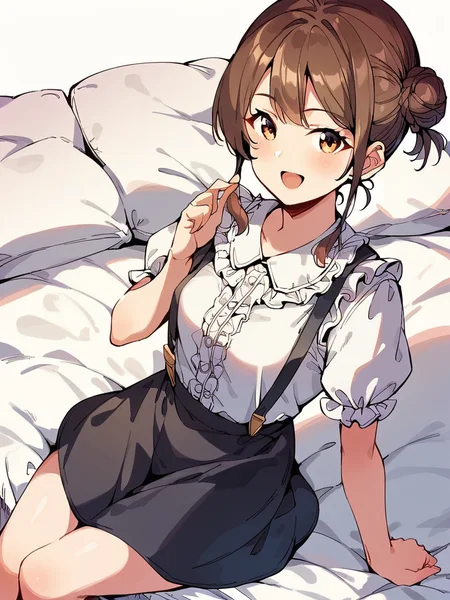 score_9, score_8_up, score_7_up,  
1girl, sitting, on bed, smile, open mouth, looking at viewer, brown hair, side bun, braided bun, small breasts, white shirt, short sleeves, frilled shirt, puffy sleeves, black skirt, suspenders, 