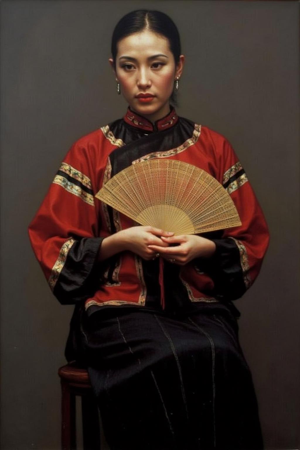 chenyifei1 painting.
A woman, wearing a red and black cheongsam, sits in a contemplative pose. Her dark hair is styled in a simple, neat manner. She holds a traditional foldable bamboo hand fan.
 <lora:chenyifei1_cap_d6a3:1.0><lora:839136940910633003:0>