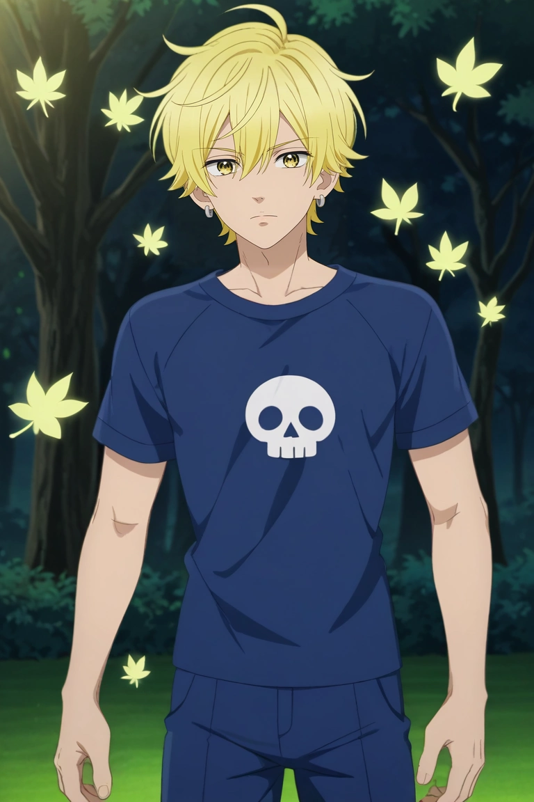score_9, score_8_up, score_7_up, source_anime, rating_safe, , anime screencap, , , , 1boy, solo, male focus, <lora:kai_miura_pony:0.9>, kai_miura, blonde hair, yellow eyes, short hair, bangs, hair between eyes, earrings, , , enchanted grove, sparkling leaves, glowing streams, fairy rings, resting pose, tranquil expression, twilight, Golf pants, Graphic T-shirt, , Skullcap, and, <lora:sdxl_lightning_8step_lora:1>
