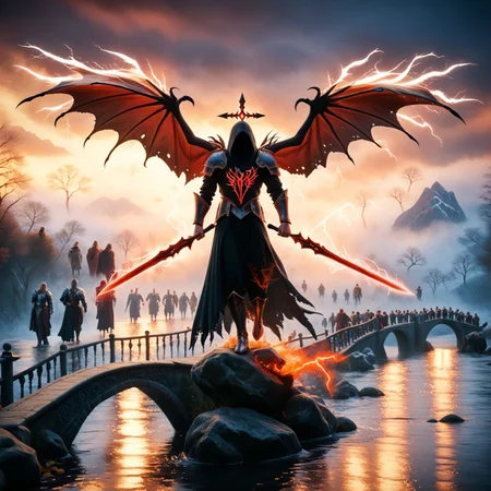 score_9, score_8_up, score_7_up, The Guardian of the Reach is the mountain kingdom's champion, a deathknight with angel's wings, he wields a lightning blade, and he has never been bested in combat, | (The Queen of the Wider Realms has called forth a champion from each of the seven kingdoms to fight in The Grand Tournament, At the opening ceremonies,  champions of the other six kingdoms, all showing visible signs of fear or discomfort, at the prospect of having to duel The Guardian of the Reach), a weather-worn hooded cloak that hides his face in shadow like a Ringwraith, while his polished mithril armor gleams without a scratch on it, | cinematic concept art, keyframe, in Fantasy Art style, with intricate details, vibrant colors, and volumetric lighting, inspired by ArtStation fantasy illustrations, high resolution, focused subject, (detailed background), epic, exquisite composition, visual storytelling techniques, extreme-wide shot, ruanyi0698,bridge,red sky,fog,river,horror theme,crowd,