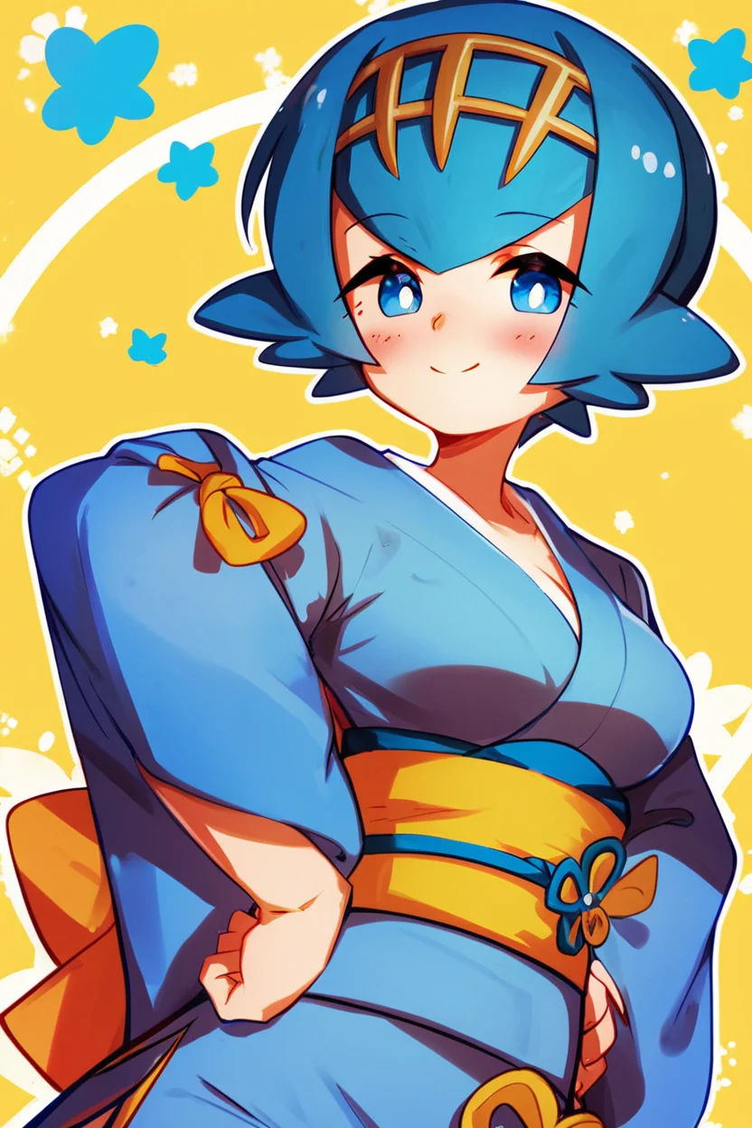 score_9, score_8_up, score_8, medium breasts, (curvy), cute, eyelashes, ,,, zzLana, blue eyes, short hair, bright pupils, looking at viewer, blush, smile, long sleeves, closed mouth, japanese clothes, wide sleeves, kimono, sash, obi, yellow background, hands on hips, blue kimono, <lora:Shamonabe_Lana_PDXL:0.8>, ,,, smile, looking at viewer, abstract background, white outline, ,,, embedding:zPDXL, Expressiveh, <lora:Expressive_H-000001:0.4>,
