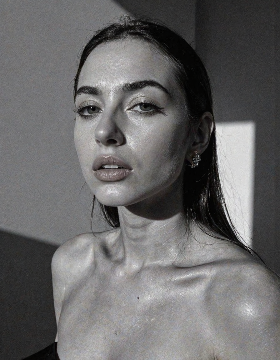 A striking monochrome portrait of a high-fashion model captured in a classic, Vogue-inspired photoshoot. The image focuses on her upper body, showcasing sharp bone structure and flawless skin illuminated by dramatic, high-contrast lighting. Shadows and highlights play artfully across her face, accentuating her high cheekbones, defined jawline, and elegantly arched eyebrows. Her gaze is powerful and direct, exuding confidence and sophistication, with slightly parted lips that add a touch of allure.

Her hair is styled sleekly back, drawing attention to her expressive features and creating a sculpted silhouette against a soft, shadowed background. She wears minimal accessories—perhaps a single, elegant earring catching the light—adding sophistication without distraction. The monochrome palette enhances the texture and contrast, giving her skin a smooth, almost ethereal glow, while the deep shadows add depth and mystery. The overall composition feels timeless and refined, embodying classic beauty and editorial poise with a touch of modern edge.. backinblack, grayscale, monochrome