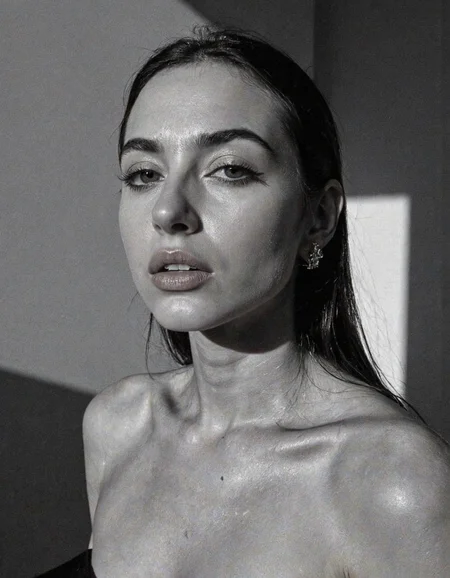 A striking monochrome portrait of a high-fashion model captured in a classic, Vogue-inspired photoshoot. The image focuses on her upper body, showcasing sharp bone structure and flawless skin illuminated by dramatic, high-contrast lighting. Shadows and highlights play artfully across her face, accentuating her high cheekbones, defined jawline, and elegantly arched eyebrows. Her gaze is powerful and direct, exuding confidence and sophistication, with slightly parted lips that add a touch of allure.
Her hair is styled sleekly back, drawing attention to her expressive features and creating a sculpted silhouette against a soft, shadowed background. She wears minimal accessories—perhaps a single, elegant earring catching the light—adding sophistication without distraction. The monochrome palette enhances the texture and contrast, giving her skin a smooth, almost ethereal glow, while the deep shadows add depth and mystery. The overall composition feels timeless and refined, embodying classic beauty and editorial poise with a touch of modern edge.. backinblack, grayscale, monochrome