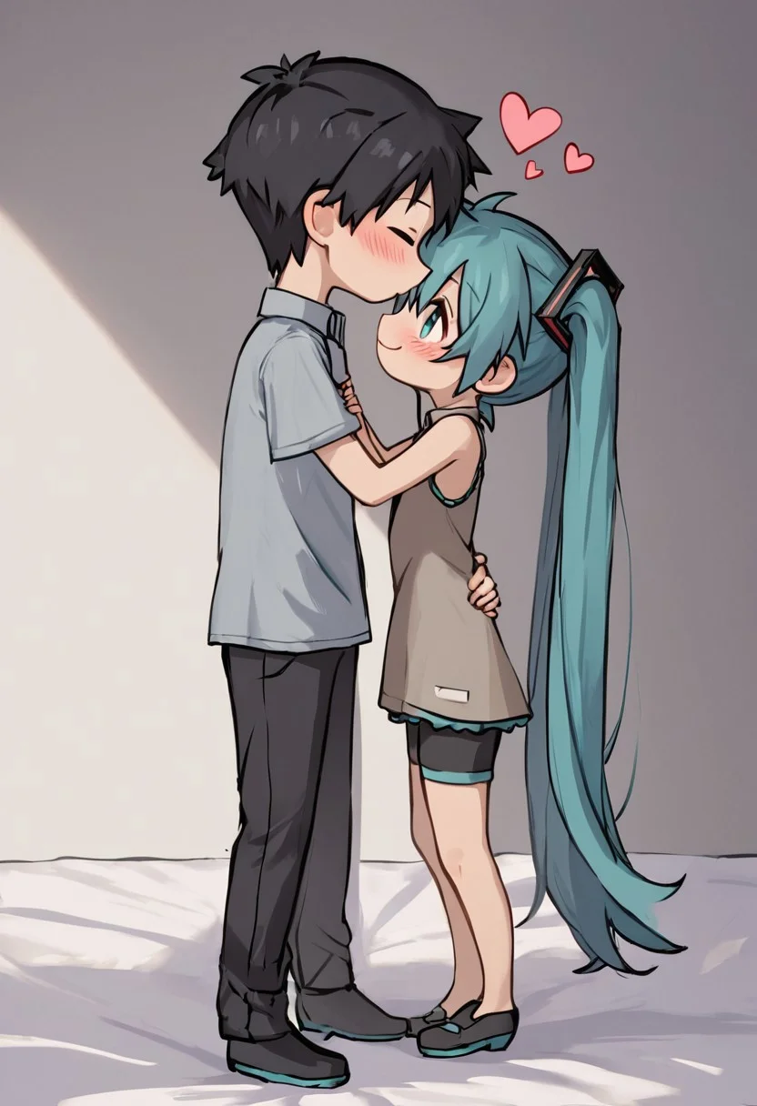 score_4,score_5,score_6,score_7_up,score_8_up,score_9 ((masterpiece,best quality,ultra detailed,highres,HD,4k:1.2)), 
chibi,full body,deformed,
1 girl and 1 boy,hetero,girl focus,
hatsune miku,absurdly long hair,aqua hair,twintails,hair ornament,sidelocks,hair between eyes,parted bangs,aqua eyes,
black short hair boy,
Kissing man and woman, couple, kissing face to face, side view, from side, side angle,looking at each other, bedroom,heart symbol, heart effect,
smile,happy,closed mouth,