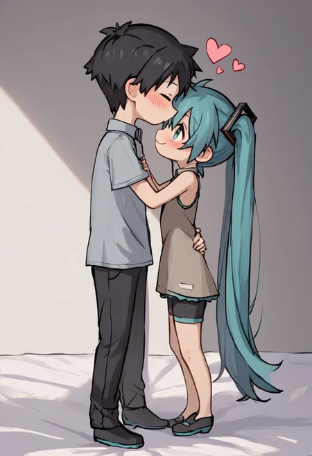 score_4,score_5,score_6,score_7_up,score_8_up,score_9 ((masterpiece,best quality,ultra detailed,highres,HD,4k:1.2)),
chibi,full body,deformed,
1 girl and 1 boy,hetero,girl focus,
hatsune miku,absurdly long hair,aqua hair,twintails,hair ornament,sidelocks,hair between eyes,parted bangs,aqua eyes,
black short hair boy,
Kissing man and woman, couple, kissing face to face, side view, from side, side angle,looking at each other, bedroom,heart symbol, heart effect,
smile,happy,closed mouth,