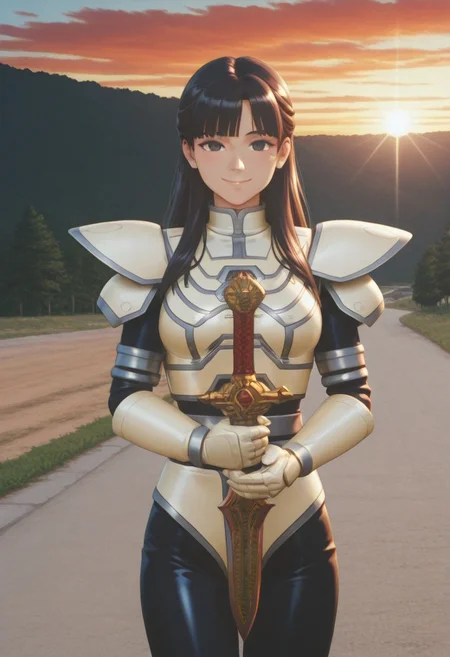 anime screencap, anime coloring,
solo, 1girl, cowboy shot
dark hair, long hair, curtain bangs, dark eyes looking at viewer, medium breasts, smile, (covered neck), BREAK
A9eha, white shirt, extend hands, holding A9eh sword, gloves, bodysuit,
outdoors, road, sunset, dramatic lighting
<lora:DetailedPerfect_hands_r1:1> <lora:coveredneck_v1-000006:0.8>