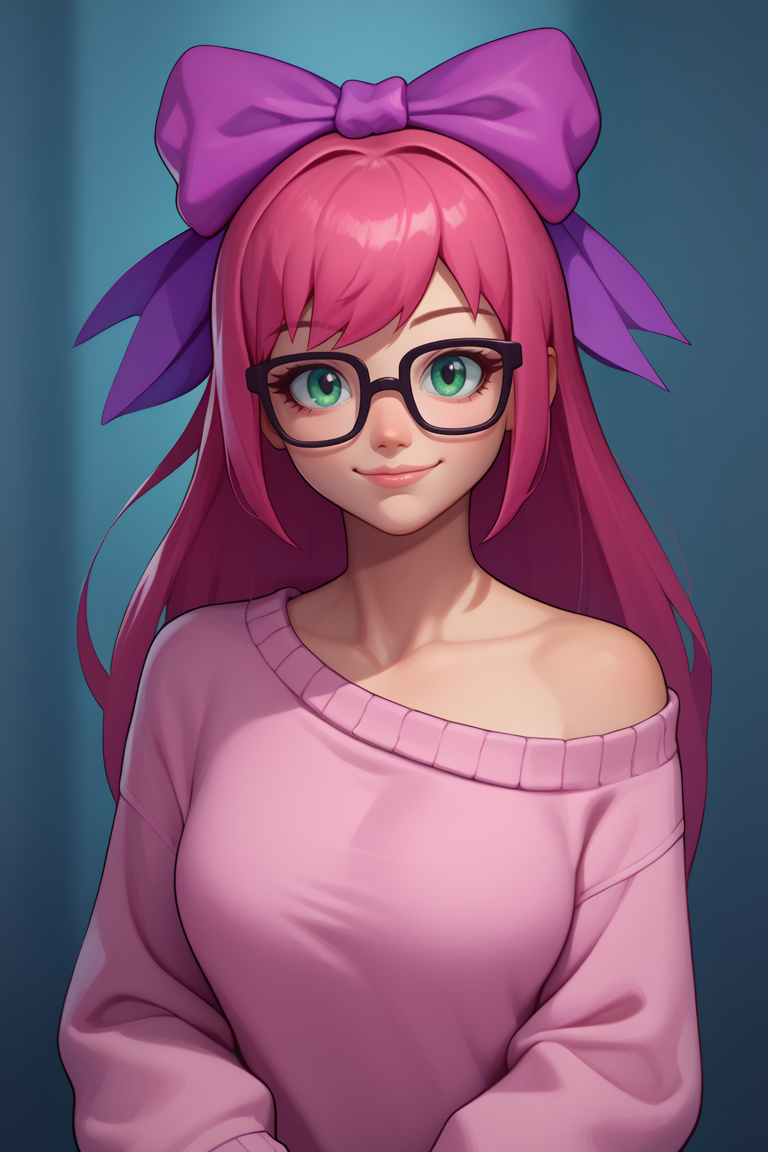 score_9, score_8_up, score_7_up, BREAK,1girl, solo, <lora:princessrobotbubblegum-guy-PONYv1:.9>. DEFprincessrobotbubblegum, hair bow, sweater, glasses, portrait, light smile, looking at viewer,
