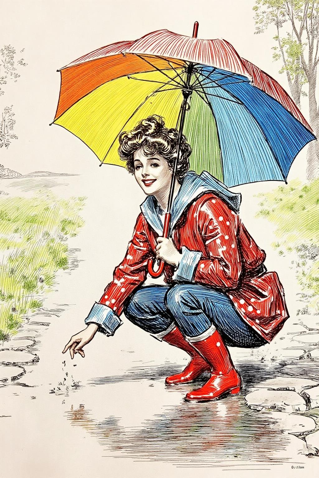 charlesdgibson1 color illustration.
A young woman, angled from slightly above and to the right, crouching low to the ground in a puddle. The young woman is wearing bright red rubber boots and a red jacket with white polka dots. The jacket sleeves are pushed up to reveal blue cuffs. The young woman also wears dark blue jeans and has a smile on her face as she extends her right index finger to touch the water in the puddle. Above the young woman is a large, open umbrella with rainbow-colored panels and a red handle. The ground is wet and paved with grey stones, reflecting the sky and umbrella. The background is slightly blurred, showing hints of green grass and trees. The lighting is overcast and diffused, typical of a rainy day. <lora:charlesdgibson1_cap_d8a4:1.0><lora:840183937973145926:0>
