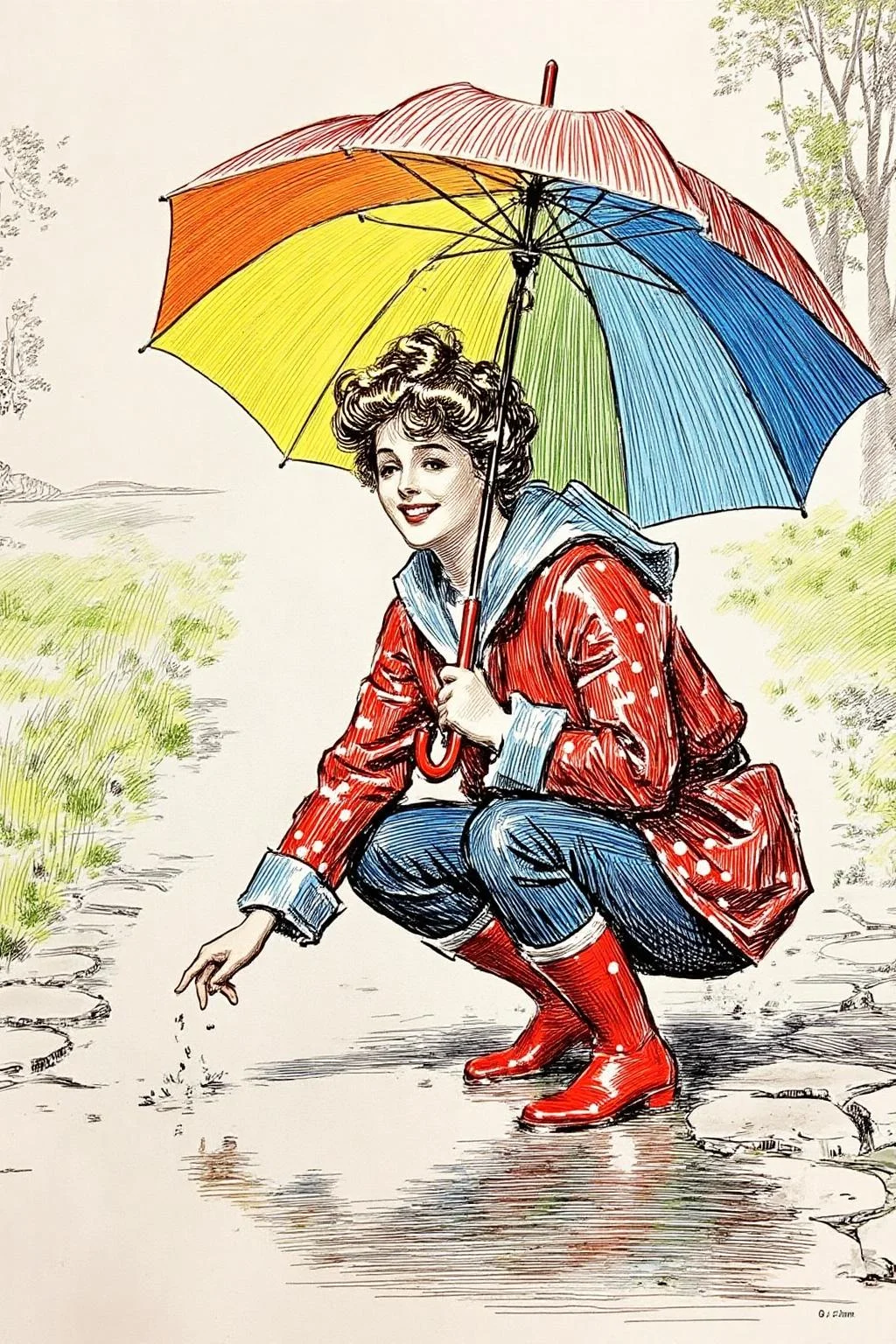 charlesdgibson1 color illustration.
A young woman, angled from slightly above and to the right, crouching low to the ground in a puddle. The young woman is wearing bright red rubber boots and a red jacket with white polka dots. The jacket sleeves are pushed up to reveal blue cuffs. The young woman also wears dark blue jeans and has a smile on her face as she extends her right index finger to touch the water in the puddle. Above the young woman is a large, open umbrella with rainbow-colored panels and a red handle. The ground is wet and paved with grey stones, reflecting the sky and umbrella. The background is slightly blurred, showing hints of green grass and trees. The lighting is overcast and diffused, typical of a rainy day. <lora:charlesdgibson1_cap_d8a4:1.0><lora:840183937973145926:0>
