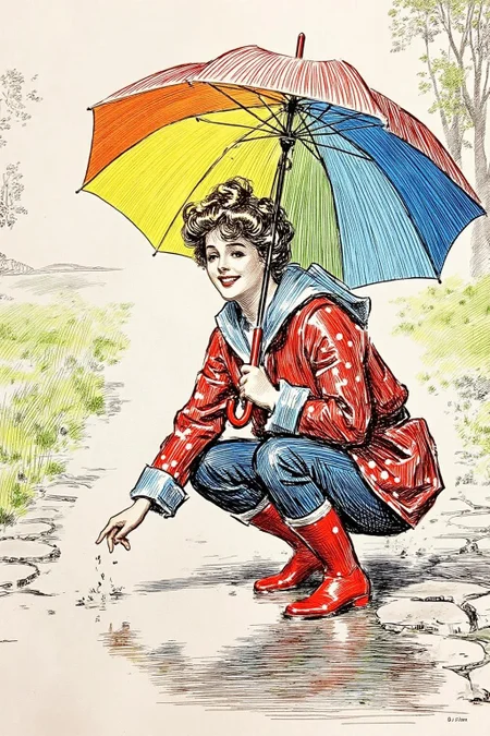charlesdgibson1 color illustration.
A young woman, angled from slightly above and to the right, crouching low to the ground in a puddle. The young woman is wearing bright red rubber boots and a red jacket with white polka dots. The jacket sleeves are pushed up to reveal blue cuffs. The young woman also wears dark blue jeans and has a smile on her face as she extends her right index finger to touch the water in the puddle. Above the young woman is a large, open umbrella with rainbow-colored panels and a red handle. The ground is wet and paved with grey stones, reflecting the sky and umbrella. The background is slightly blurred, showing hints of green grass and trees. The lighting is overcast and diffused, typical of a rainy day. <lora:charlesdgibson1_cap_d8a4:1.0><lora:840183937973145926:0>