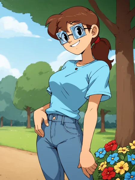score_9, score_8_up, score_7_up, score_6_up, BREAK, S0s4n, 1girl, solo, black eyes, long hair, brown hair, glasses, ponytail, blue shirt, jeans, smile, looking at viewer, in the park, flower, tree <lora:Susan-000006:1>