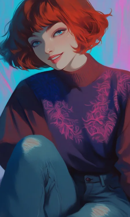 score_9, score_8_up, score_7_up, score_6_up, A pale-skinned woman, French bob haircut, resembling a 1970s fashion icon, sits on modern chair in a studio with soft, pastel-hued lighting, surrounded by a warm, film grain ambiance, sharp features, defined by a slight tilt of her head, strong rim light, evoking Gregory Crewdson's moody, cinematic style, subtle smile, she sports high-waisted, flared jeans and a vibrant, psychedelic print top, exuding a nostalgic, retro charm.
