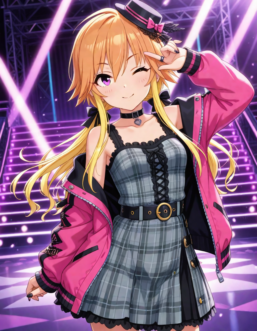 masterpiece,best quality,absurdres,official art,official style,source_anime,anime screencap,anime coloring,
<lora:Hyper-SDXL-8steps-lora:1>,
<lora:Asuka_IL:0.8>,asukachang,1girl, solo,light brown hair, long hair, multicolored hair, yellow hair,  two-tone hair,purple eyes, 
one eye closed,black nails, nail polish, smile, dress, choker, plaid dress, belt, black headwear, looking at viewer, blush,  sleeveless dress, open jacket, open clothes, jewelry,collarbone, pink jacket, twintails, ring,  ;), grey dress, black choker, off shoulder, hair bow,  long sleeves, closed mouth,  arm up, bare shoulders, low twintails,  ribbon, clothes writing, mini hat, zipper, cowboy shot, earrings, wavy hair, collar, hair ribbon,stage,
