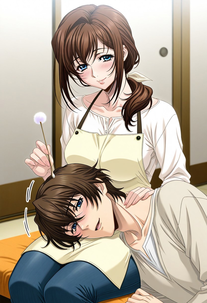masterpiece, best quality, newest, highres, uncensored, 1girl, yokota mamoru style,1girl, slender face，motion lines,blush,torogao,looking at the viewer,seductive smile
Asai Sayaka,Brown Hair, Ponytail,Blue Eyes,Medium Breasts, Slim,long hair
1girl,solo
1girl, mimikaki, 1boy, lap pillow, brown hair, apron, jeans, denim, mature female, long hair, blue eyes, hetero, blush, pants, couple, sitting, 1girl, mimikaki, 1boy, lap pillow, brown hair, apron, jeans, denim, mature female, long hair, blue eyes, hetero, blush, pants, couple, sitting