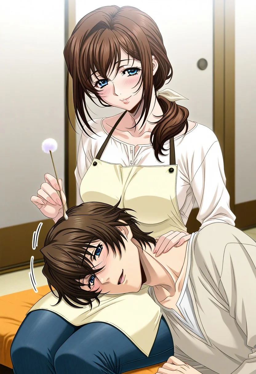 masterpiece, best quality, newest, highres, uncensored, 1girl, yokota mamoru style,1girl, slender face,motion lines,blush,torogao,looking at the viewer,seductive smile
Asai Sayaka,Brown Hair, Ponytail,Blue Eyes,Medium Breasts, Slim,long hair
1girl,solo
1girl, mimikaki, 1boy, lap pillow, brown hair, apron, jeans, denim, mature female, long hair, blue eyes, hetero, blush, pants, couple, sitting, 1girl, mimikaki, 1boy, lap pillow, brown hair, apron, jeans, denim, mature female, long hair, blue eyes, hetero, blush, pants, couple, sitting