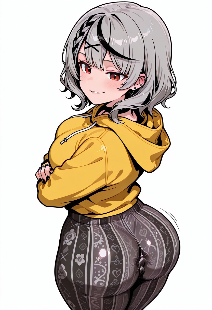shiny skin, 1girl, solo,
(flat color, black outline):1.2, sakamata chloe /(hololive/), giantess, clothing entrapment, size difference, outline of person in clothing, ass entrapment, person inbetween ass cheeks, person inside clothing inbetween ass cheeks, tight, person inbetween clothing and ass,
busty, yellow hoodie, pants, long pants, print pants, forbidden pants, flare pants, floral pattern, yoga pants, printed pants, striped pants, floral print, grey yoga pants, black nails, rings piercing on ear,
looking at viewer, smirk
standing, arms crossed, from above, from side, foreshortening, cowboy shot
deep skin, white background, masterpiece, best quality,