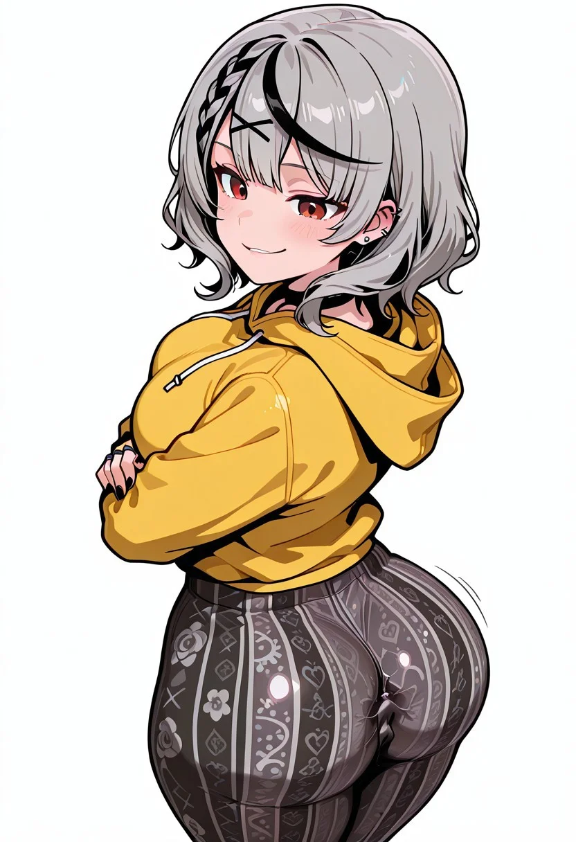 shiny skin, 1girl, solo,
(flat color, black outline):1.2, sakamata chloe /(hololive/), giantess, clothing entrapment, size difference, outline of person in clothing, ass entrapment, person inbetween ass cheeks, person inside clothing inbetween ass cheeks, tight, person inbetween clothing and ass,
busty, yellow hoodie, pants, long pants, print pants, forbidden pants, flare pants, floral pattern, yoga pants, printed pants, striped pants, floral print, grey yoga pants, black nails, rings piercing on ear,
looking at viewer, smirk
standing, arms crossed, from above, from side, foreshortening, cowboy shot
deep skin, white background, masterpiece, best quality,