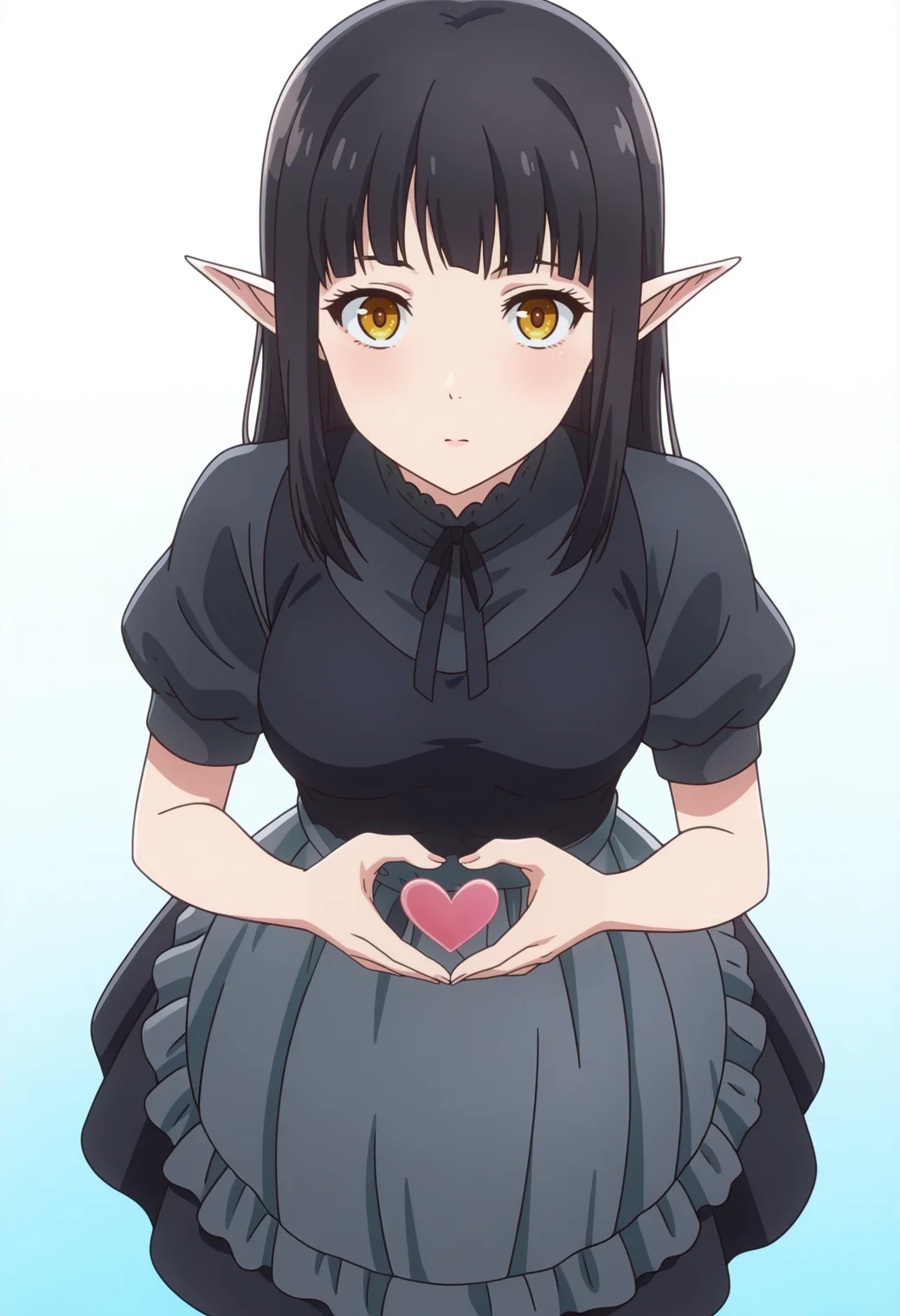 masterpiece, best quality, amazing quality, anime coloring, anime screencap, 1girl, <lora:DX888KuroIL:1> kuro, pointy ears, yellow eyes, black hair, long hair, black dress, black ribbon, waist apron, puffy short sleeves, maid BREAK white background pastel background, heart hands, from above,