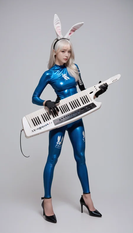 1girl, blue bodysuit,skin tight,bunny print,gloves, high heels, full body, stand, white hair,
score_9, score_8_up, score_7_up, simple background, realistic, photorealistic,
playing keytar, keytar, <lora:keytar-pony-000007:0.7>
