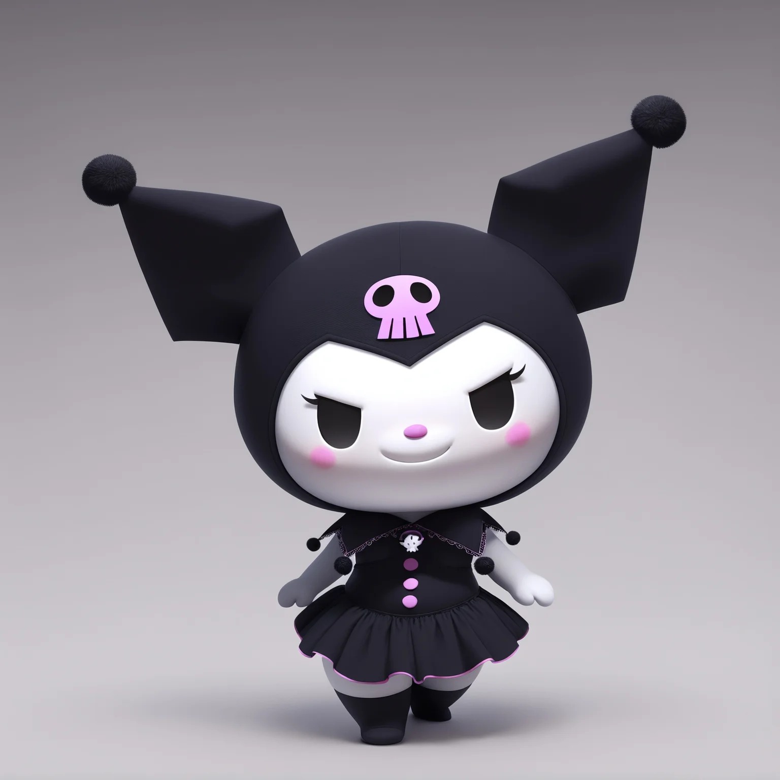 kuromi, sanrio, chibi, solo, jester cap, black eyes, female, furry, white body, black dress, gradient background, full body, artist:bing3d <lora:b3d-v2-noob-vpred10:1>