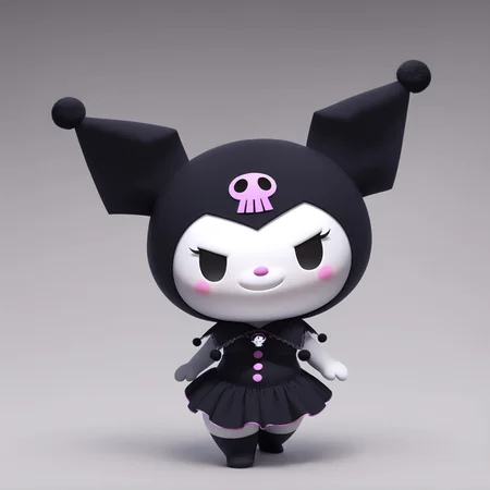 kuromi, sanrio, chibi, solo, jester cap, black eyes, female, furry, white body, black dress, gradient background, full body, artist:bing3d <lora:b3d-v2-noob-vpred10:1>