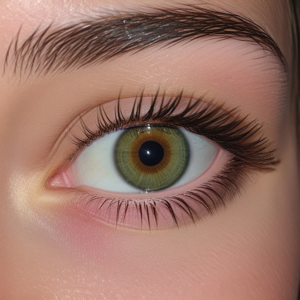 mix of green and brown, big eyelashes, large pupil, hit by light