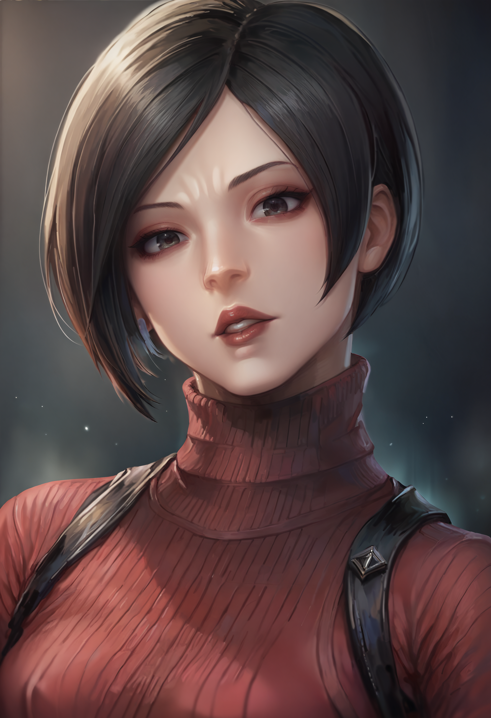 score_9, score_7_up <lora:miche-guy-PONY-DORAv1:1>, 1girl, solo, (ada wong):0.7, turtleneck sweater, red sweater, portrait, dark background, depth of field, long sleeves, ribbed sweater, parted lips, looking at viewer