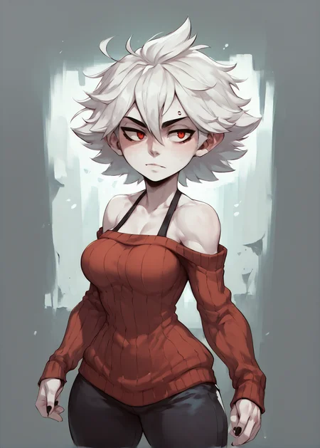 white skins, spiky red short tomboy hair, neutral expression, tight sweater, <lora:NAHIRI:1> nahiri, 1girl, solo, short hair, breasts, bare shoulders, white hair, colored skin,  <lora:Huffslove_Style_PonyXL:1> shortstack, source_anime, score_9_up,  score_7_up, score_8_up