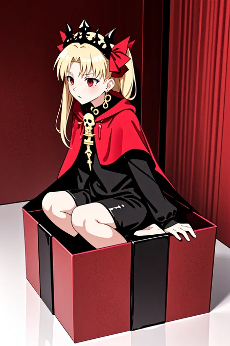 1girl in a gift box, <lora:yomama_surprise_gift_v5-10:0.8>yomama_surprise_gift_v5 <lora:LCM_LoRA_Weights_SD15:1> indoor, Christmas decoration , <lora:CHAR-EreshkigalV2:0.8> Ereshkigal, two side up, hair ribbon, EreshkigalBase, two side up, hair ribbon, tiara, black dress, single sleeve, skull, spine, gold trim, red cape, single thighhigh,