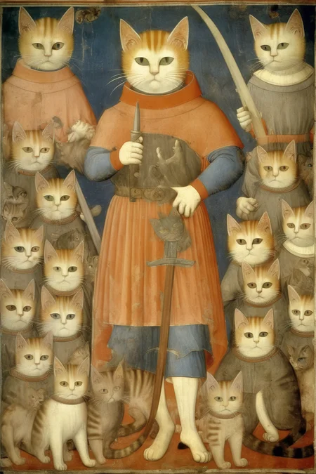 <lora:Simone Martini Style:1>Simone Martini Style - cat condottiero guiding a company of cat-at-arms in medieval italy. fresco in the style of giotto
