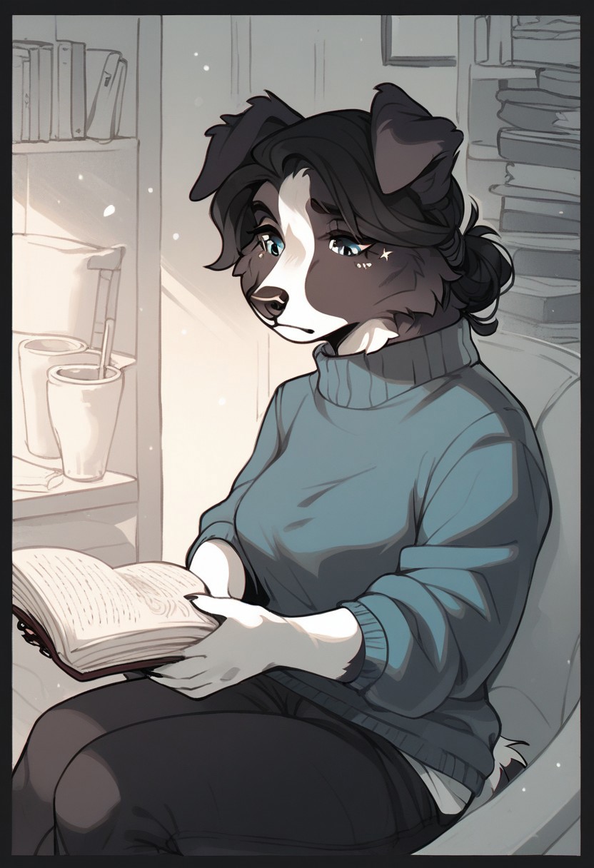 (score_9, score_8_up, score_7_up), rating_safe, 1girl, female anthro border collie, ((border collie)), (black and white fur:1.2), long black hair tied back, heterochromatic eyes (one blue, one brown), wearing a cozy blue sweater and comfortable pants, reading a technical book while sitting in a chair, calm and focused expression, warm lighting with a cup of tea and a bookshelf in the background, cartoon style.