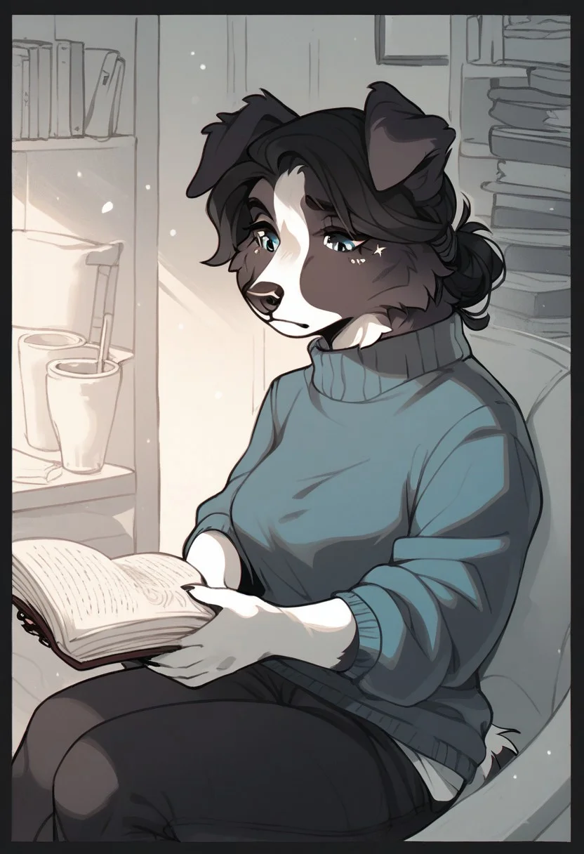 (score_9, score_8_up, score_7_up), rating_safe, 1girl, female anthro border collie, ((border collie)), (black and white fur:1.2), long black hair tied back, heterochromatic eyes (one blue, one brown), wearing a cozy blue sweater and comfortable pants, reading a technical book while sitting in a chair, calm and focused expression, warm lighting with a cup of tea and a bookshelf in the background, cartoon style.
