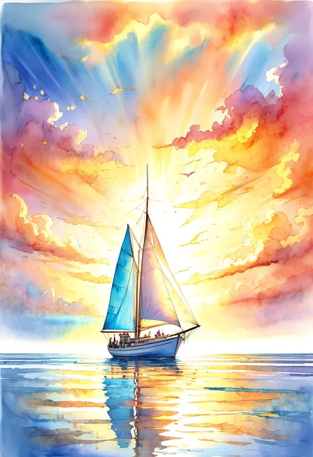 monoprone, rainglow, watercolor painting sunset, high tide, golden sand, calm sea, colored clouds, rays of light break through the clouds, in the reflection of light on the water, a sailing boat is a fish, the sea shimmers with bright colors . vibrant, beautiful, painterly, detailed, textural, artistic
