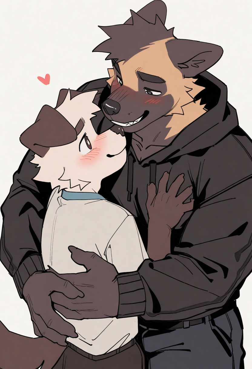 best quality, amazing quality, very aesthetic, absurdres, newest, by hemuchang, furry, male, dog boy, multiple boys, 2boys, blush, smile, bara, passionate, <lora:Hemuchang_style_Illustrious:1>