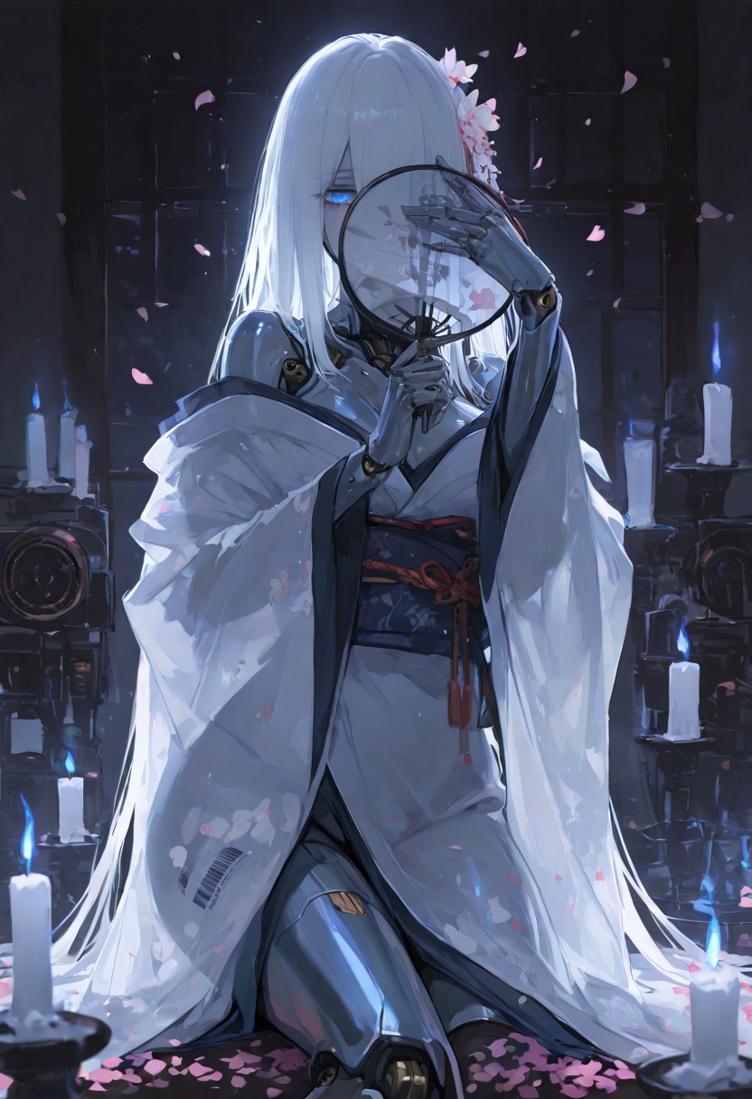 masterpiece, best quality, good quality, very awa, very aesthetic, absurdres, newest, candlelight,
Cinematic Lighting, (sexy, slutty, hot, aroused), 
Automaton, colored skin, robot girl, robot joints, white hair, blue eyes, long hair, metal_skin, barcode,
kimono, long hair, holding fan, covering face, dynamic pose, cherry blossom, bare shoulder, looking at viewer, petals falling, translucent fan,