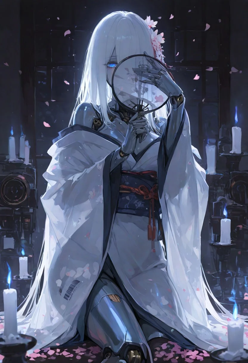 masterpiece, best quality, good quality, very awa, very aesthetic, absurdres, newest, candlelight,
Cinematic Lighting, (sexy, slutty, hot, aroused),
Automaton, colored skin, robot girl, robot joints, white hair, blue eyes, long hair, metal_skin, barcode,
kimono, long hair, holding fan, covering face, dynamic pose, cherry blossom, bare shoulder, looking at viewer, petals falling, translucent fan,