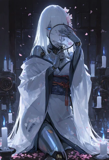 masterpiece, best quality, good quality, very awa, very aesthetic, absurdres, newest, candlelight,
Cinematic Lighting, (sexy, slutty, hot, aroused),
Automaton, colored skin, robot girl, robot joints, white hair, blue eyes, long hair, metal_skin, barcode,
kimono, long hair, holding fan, covering face, dynamic pose, cherry blossom, bare shoulder, looking at viewer, petals falling, translucent fan,
