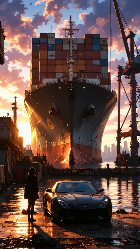 High-resolution anime-style illustration, bold painterly textures, cinematic sunset lighting. A massive container ship is docked in a bustling harbor at sunset, its towering stacks of colorful cargo containers casting long shadows over the reflective water.
The golden-orange sky fades into deep purples and blues, the last light of the sun glinting off the shipâs weathered metal hull. Cranes loom overhead, their silhouettes stark against the glowing horizon, while distant city lights begin to flicker to life along the waterfront.
In the foreground, a sleek car is parked near the dock, its polished surface reflecting the warm hues of the sunset. A lone woman stands beside it, her silhouette outlined against the glowing sky as she watches the harbor, exuding a quiet, mysterious presence. <lora:Mezzotint_Artstyle_for_Flux_-_by_Ethanar:0.6> <lora:Evangelion_Post-impact_Apocalyptic_Style_Flux.1_D_by_AutoPastel-000019:0.6> <lora:RealAnime:0.8>