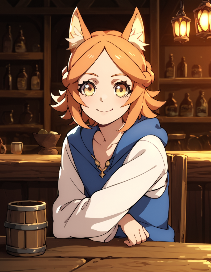 score_9, score_8_up, score_7_up, score_6_up, score_5_up, score_4_up, source_anime,  Wyndia, orange hair, fox girl,  portrait, sitting, tavern, smile