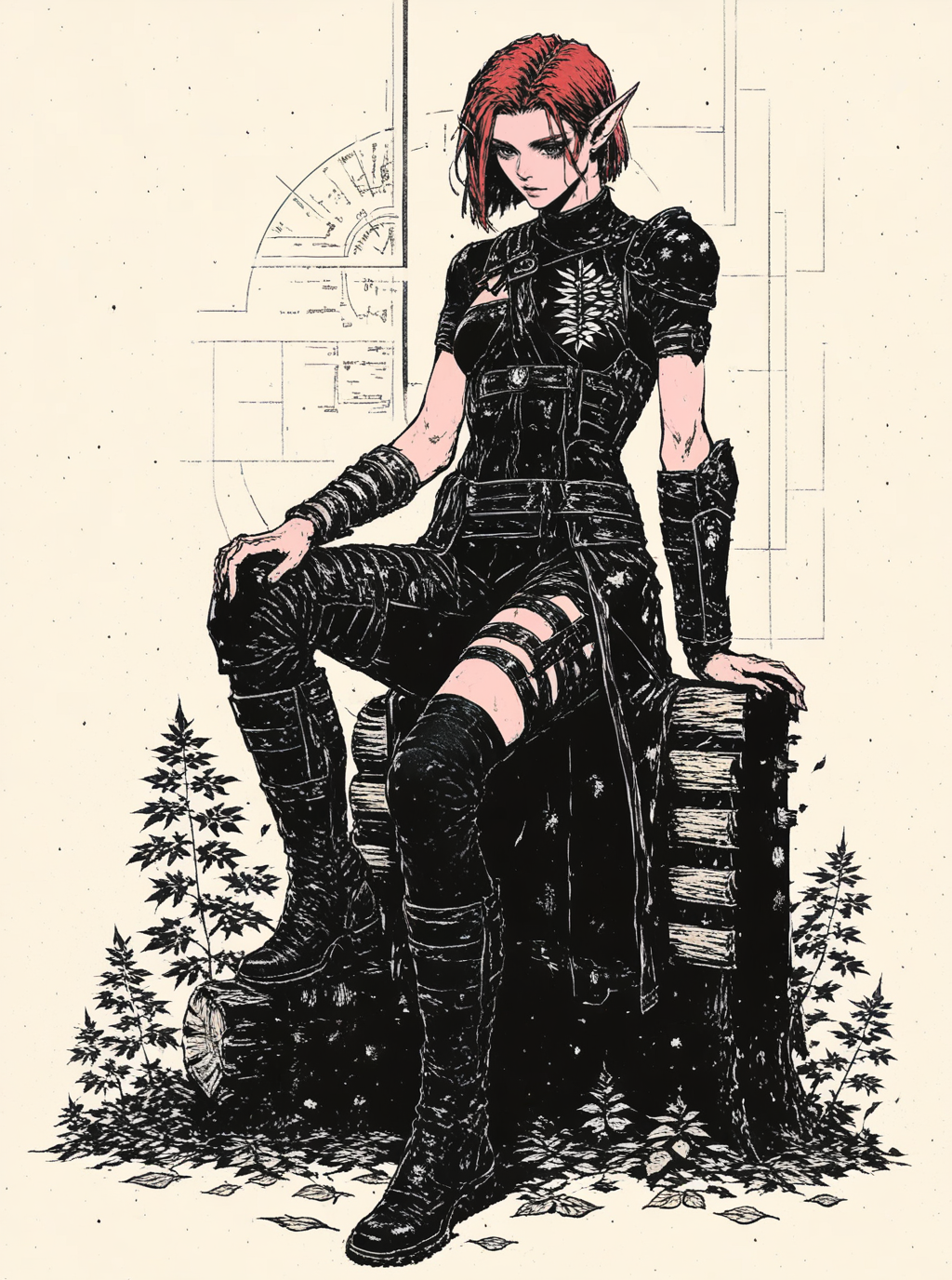 sref2085577252, blueprint \(medium\),  beautiful elf ranger girl sitting on wooden log in the woods, full body, leather armor, short red hair, leafs particles, legwear, boots, short sleeves, bracers, asymmetrical clothes, solo <lora:sxz-sref2085577252:1>