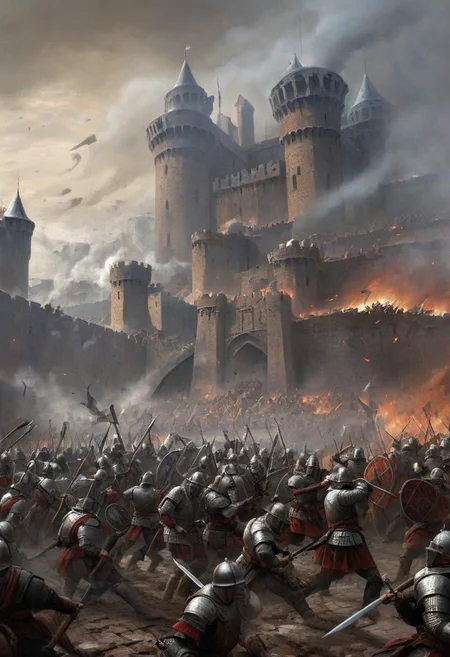 castle, Depict an intense and visceral fantasy battle scene from a close-up perspective of soldiers in combat. In the foreground, armored warriors clash with swords and shields, their faces etched with determination and grit. The ground is churned up with mud and fallen weapons, while banners of opposing factions wave defiantly in the background. The castle city stands in the distance, its imposing walls and towers partially obscured by the smoke of battle. Soldiers fight fiercely, their movements swift and powerful, creating a chaotic yet captivating tableau of warfare. The sounds of clashing metal and battle cries fill the air, adding to the sense of urgency and raw emotion in this epic confrontation
