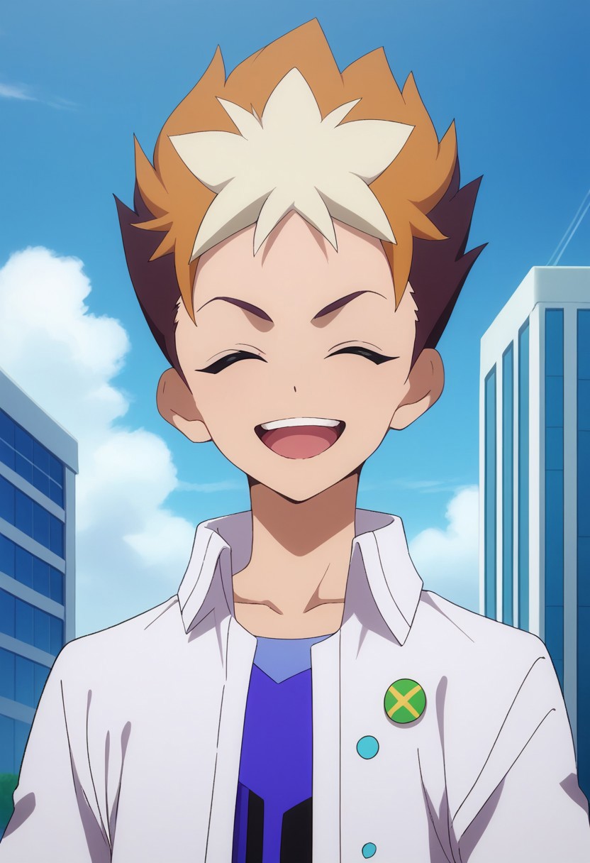 score_9, score_8_up, score_7_up, source_anime, highly detailed, 
subaru, 1boy, male focus, closed eyes, solo, smile, open mouth, brown hair, shirt, upper body, facing viewer,
multicolored hair, :d, teeth, blue shirt, two-tone hair, open clothes, white shirt, short hair,
upper teeth only, ^ ^, spiked hair, collarbone, collared shirt,
outdoor, sky, building, clouds,