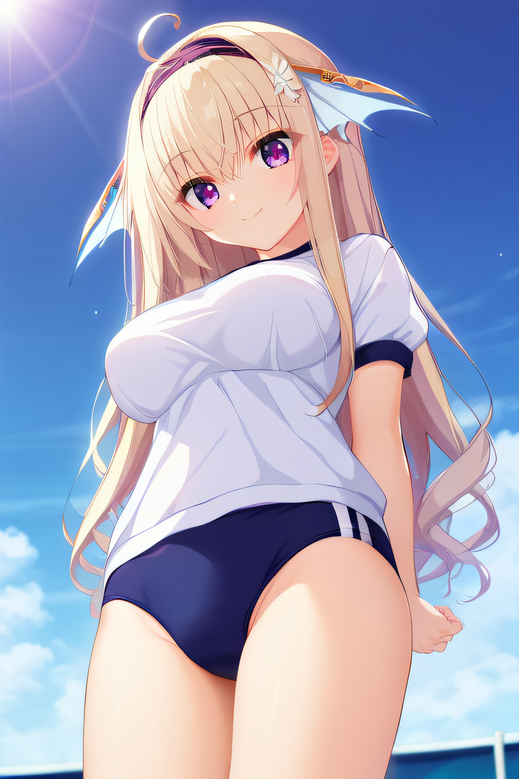 score_9, score_8_up, score_7_up, source_anime, rating_safe, intricate details, anime screencap, official style, 1girl, solo, <lora:Tenkawa_Mitsuki:1>, mitsuki, light hair, ahoge, purple eyes, hairband, large breasts, gym uniform, white shirt, blue buruma, looking at viewer, smile, outdoor, sun, arms behind back, from below