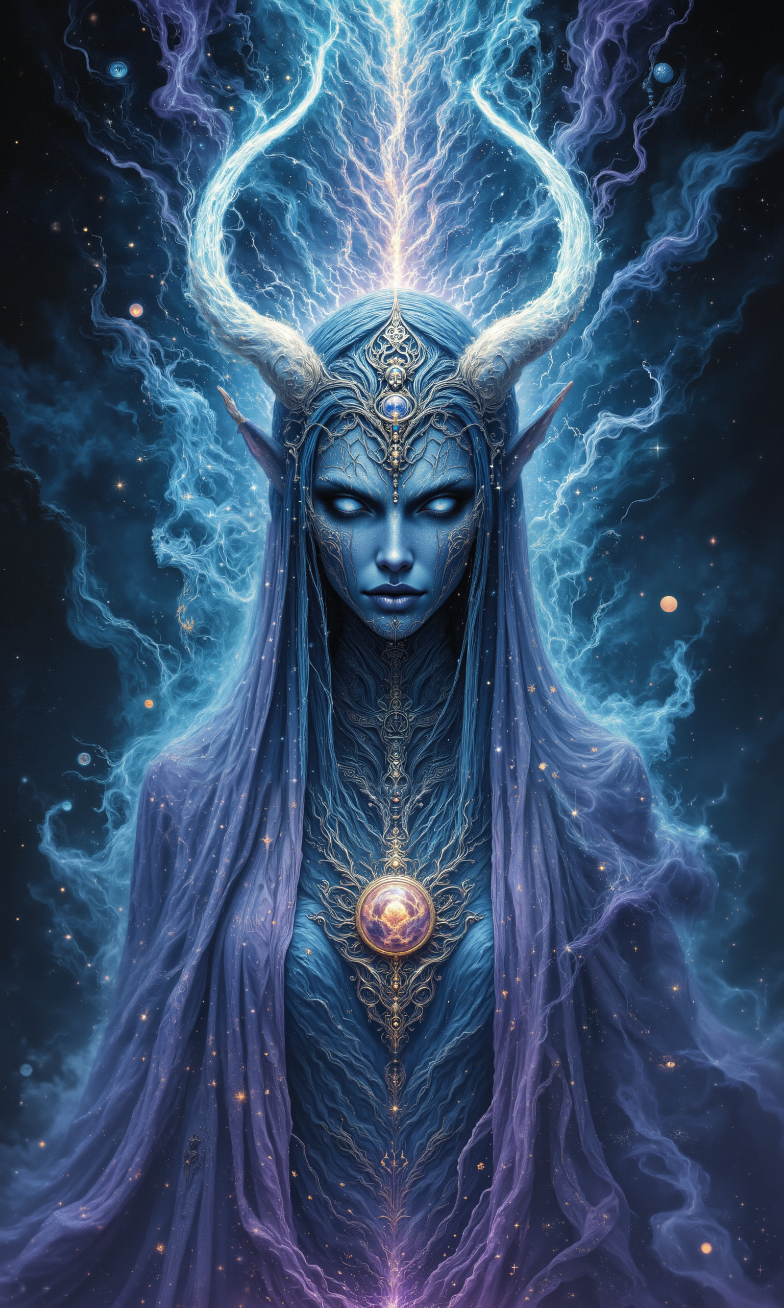 Celestial empress with shimmering djinn features, enveloped in silken robes of flowing azure and silver. Her ethereal presence illuminated by radiant celestial light, exuding a mystical aura. Adorned with intricate jeweled headdress and amulet of ancient symbols. Empress stands solemnly amidst swirling mists of enchanted lavender and emerald. Her eyes, pools of cosmic wisdom, gaze into distant realms. A regal bearing, exuding both grace and power, softly lit by moonlight's embrace. Intricately detailed masterpiece, 8k resolution, capturing the play of light and shadow. A convergence of elegance and mysticism, weaving a tale of transcendence and divine femininity. <lora:aidmaMJ6.1-FLUX-v0.4:0.7> <lora:aidmaFLUXPro1.1-FLUX-v0.3:0.8> <lora:DND_GRAINYBOYZ_FG_FLUX_V2_ROMULUS_Lora:0.8> <lora:flux_dev:1>