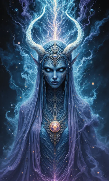 Celestial empress with shimmering djinn features, enveloped in silken robes of flowing azure and silver. Her ethereal presence illuminated by radiant celestial light, exuding a mystical aura. Adorned with intricate jeweled headdress and amulet of ancient symbols. Empress stands solemnly amidst swirling mists of enchanted lavender and emerald. Her eyes, pools of cosmic wisdom, gaze into distant realms. A regal bearing, exuding both grace and power, softly lit by moonlight's embrace. Intricately detailed masterpiece, 8k resolution, capturing the play of light and shadow. A convergence of elegance and mysticism, weaving a tale of transcendence and divine femininity. <lora:aidmaMJ6.1-FLUX-v0.4:0.7> <lora:aidmaFLUXPro1.1-FLUX-v0.3:0.8> <lora:DND_GRAINYBOYZ_FG_FLUX_V2_ROMULUS_Lora:0.8> <lora:flux_dev:1>