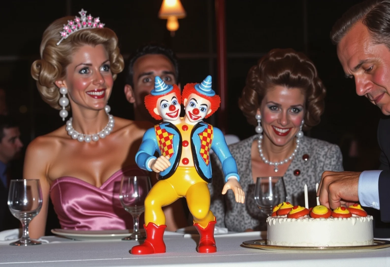 a photo of a 4 inch tiny plastic two-headed clown toy figure from Hasbro, at a birthday party for the stunningly beautiful Miss Elizabeth, and all the commentators are doing is saying how beautiful Elizabeth is which is just annoying.