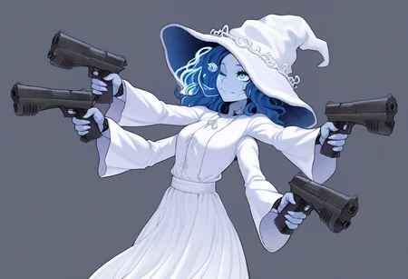 masterpiece, best quality, absurdres, simple background,1girl, solo,RnnDef, blue eyes, one eye closed, blue hair, wavy hair, (4 arms:1.2), extra faces, ghost face, blue skin, colored skin, cracked skin, doll joints,witch hat, large hat, white headwear, white dress, long sleeves, smile,multiple handguns,holding guns,aiming <lora:cheshirrr_n11:1> <lora:Ranni_illusXLNoobAI_Incrs_v1:0.8>