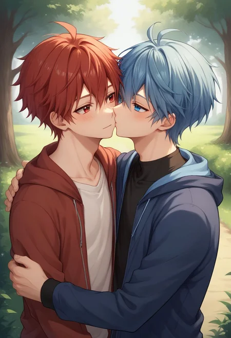 score_9, score_8_up, source_anime, highly detailed, 2boys,
2boys, male focus, yaoi, hug, blue eyes, red eyes, kissing cheeck,
outdoor,