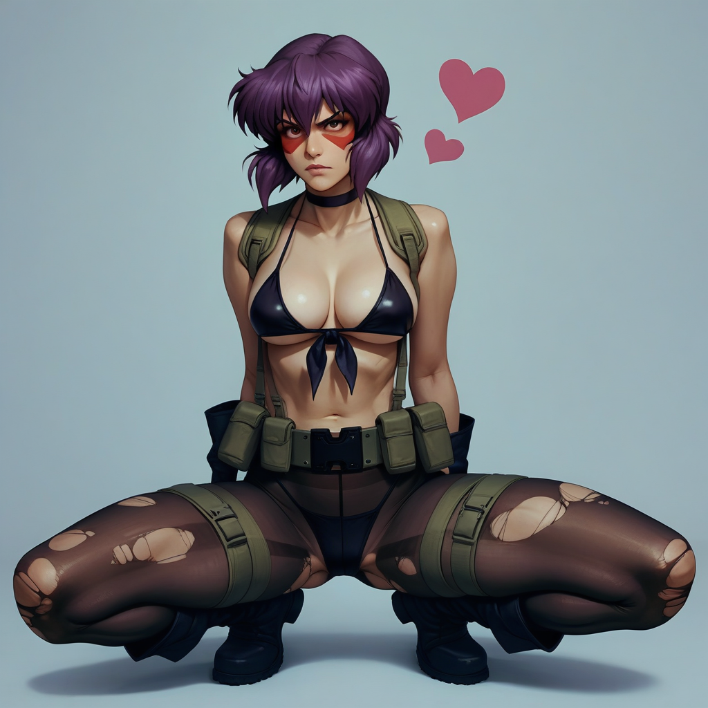 score_9, score_8_up, score_7_up, source_anime, expressive, anime, Artist Style:urushihara_satoshi, speedlines, dynamic, hearts, 1girl, Motoko Kusanagi\(Ghost in the Shell\), (purple Hair:1.3), quietcosplayXL, bikini, black choker, front-tie_bikini_top, gloves, lowleg_pantyhose, black bikini, pantyhose, torn_pantyhose, facepaint, makeup, eyeliner, thigh_strap, green_belt, boots, quiet_(metal_gear)_(cosplay), cosplay